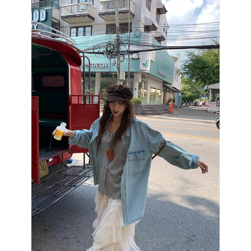 荒荒家 2025春秋新款盖袋牛仔衬衫bf港风宽松休闲衬衣外套夹克女