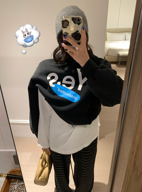 荒荒家 yes印花做旧加绒连帽卫衣2026春秋新款美式黑色套头上衣女