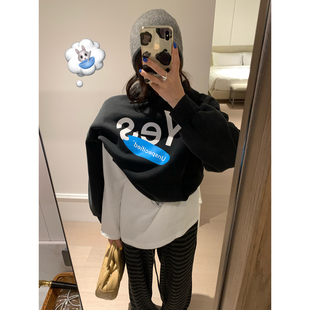 美式 新款 黑色套头上衣女 yes印花做旧加绒连帽卫衣2025秋季 荒荒家