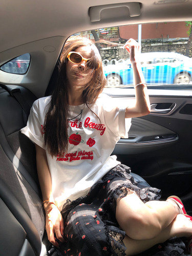 荒荒家 英文苹果刺绣短袖2025新款美式减龄小众设计T恤女夏潮ins