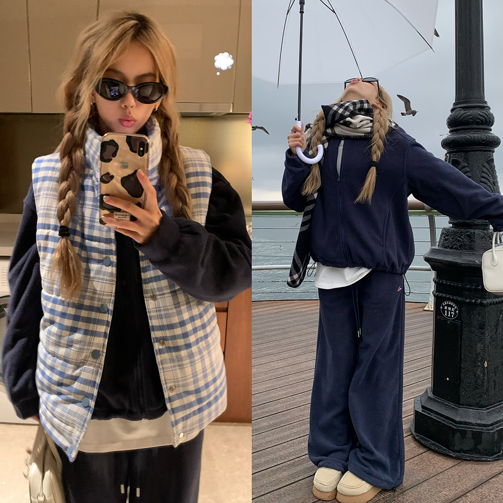 荒荒家2025冬季摇粒绒拉链卫衣外套两件套装运动休闲束脚阔腿裤女