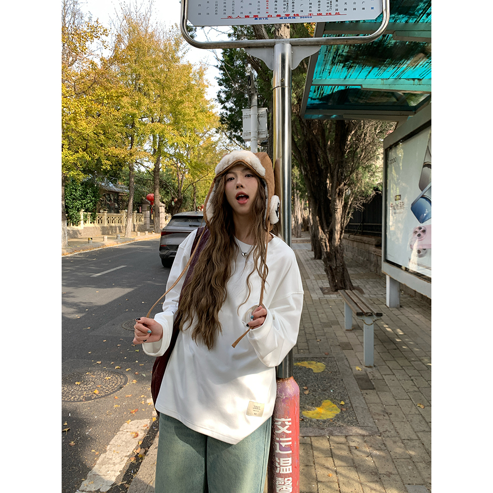 荒荒家德绒小标圆领长袖T