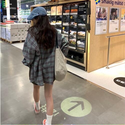 荒荒家皱皱绿格衬衫外套女