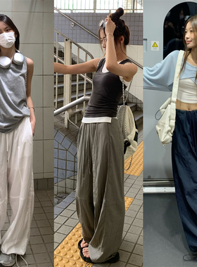 荒荒家 凉凉抽绳工装束脚裤2025新款宽松显瘦阔腿休闲机能裤女夏