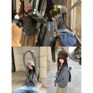 荒荒家假两件抽绳下摆毛衣2025秋冬新款 小众设计层次感灰色外套女