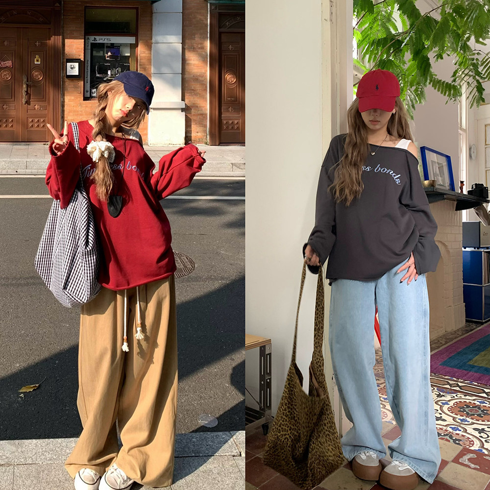 荒荒家 假两件绣花露肩长袖T2025春秋新款小众设计宽松套头上衣女,女装/女士精品,T恤,淘宝优惠券,粉丝福利购,淘宝优惠卷