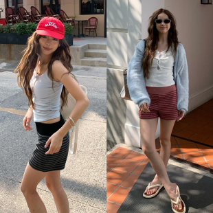 条纹短裤 新款 荒荒家 2025夏季 外穿女 直筒高腰阔腿五分裤 打底热裤