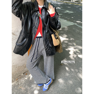 小众直筒高腰抽绳阔腿休闲裤 荒荒家 新款 2025秋季 女 条纹针织9分裤