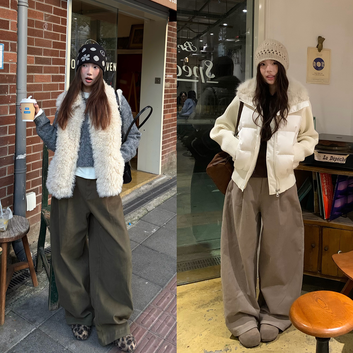 荒荒家 半松紧高腰弯刀裤2025冬季新款慵懒工装直筒阔腿休闲裤女