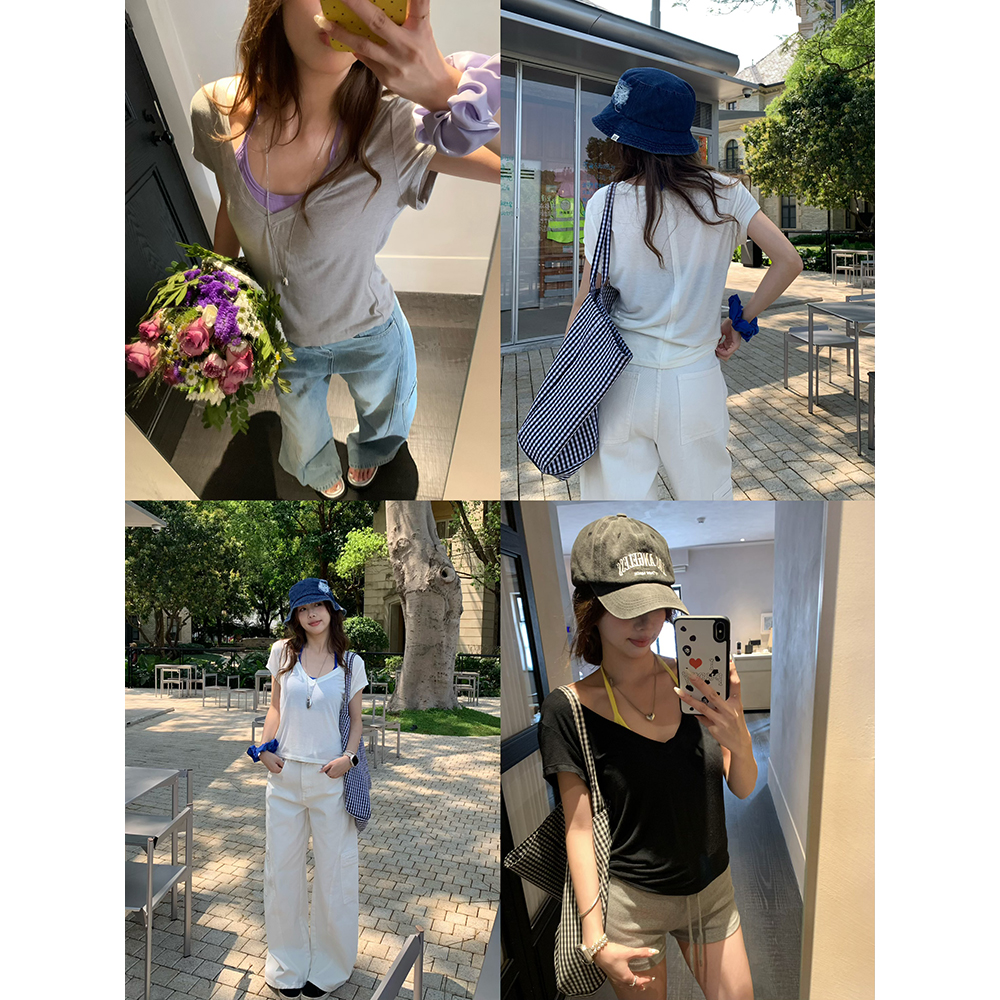 荒荒家 微透V领T2025夏季新款韩版修身纯欲露锁骨百搭设计短袖女