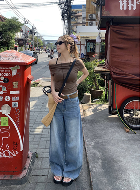 荒荒家 经典蓝色系弯刀牛仔裤2025夏季新款高腰直筒阔腿休闲裤女