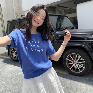 卡农你好 撞色字母刺绣短袖冰丝针织衫女夏新款小宽松短款上衣t恤