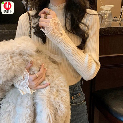 法式性感蕾丝半高领毛衣打底衫