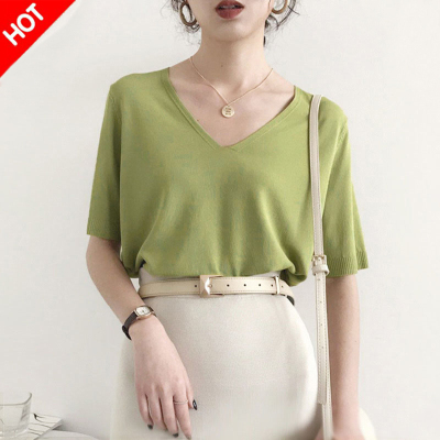 牛油果绿色中袖冰丝宽松显瘦t恤