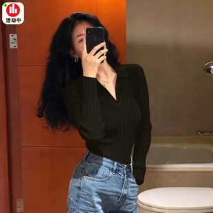 周雨彤同款V领毛衣长袖针织衫女秋冬修身性感气质内搭打底衫上衣