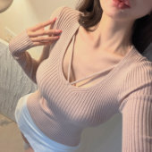 纯欲风u领长袖 上衣 收腰内搭辣妹粉色显瘦打底衫 针织衫 女秋冬修身