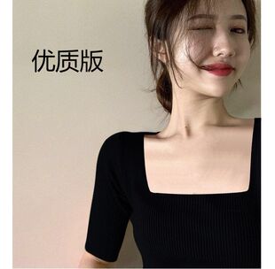 方领T恤女夏薄款复古法式心机紧身冰丝针织衫短袖修身u露锁骨上衣