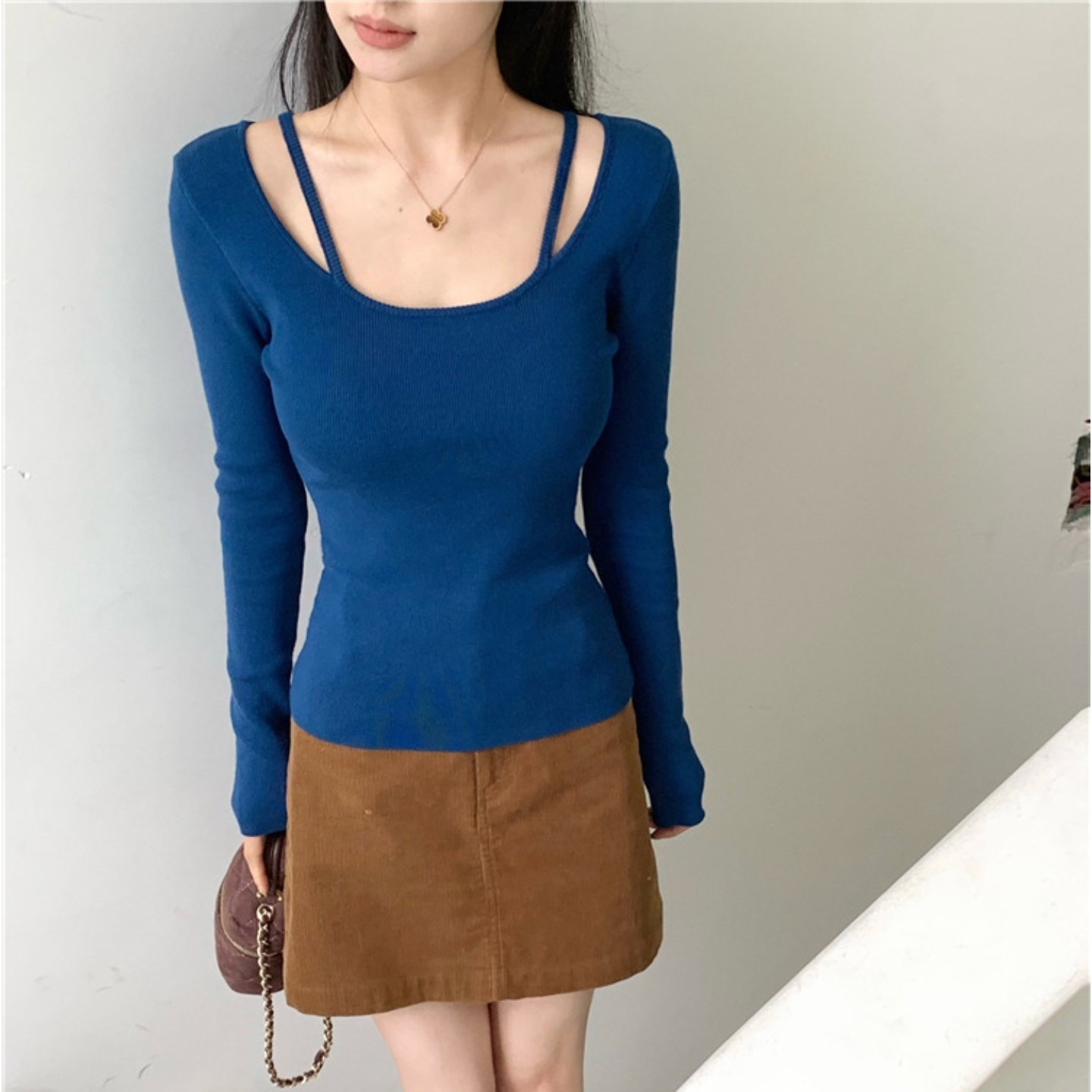 超好看纯欲修身方领毛衣女秋冬性感u领针织衫挂肩内搭打底衫上衣