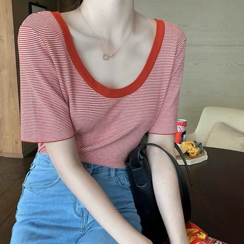 夏季冰丝U领短袖显白条纹T恤女