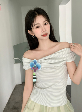高级感纯欲气质一字肩显瘦大领口短袖T恤女性感条纹露肩冰丝上衣