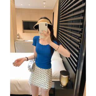 洁白花语 宝石蓝波浪花边短袖针织衫t恤女气质修身短款别致上衣