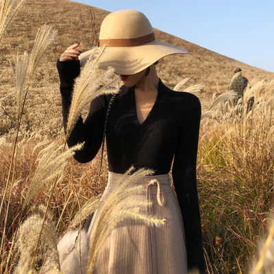 v领长袖针织衫t恤女2025秋季新款修身显瘦毛衣气质内搭打底衫上衣