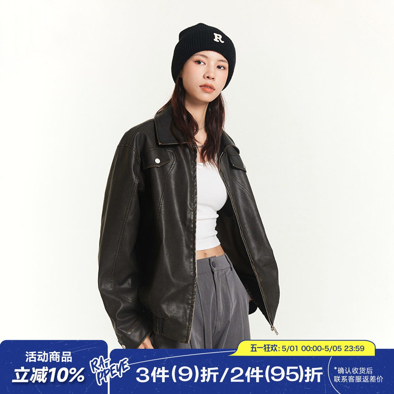 RAPPEYE 复古港风廓形宽松美式飞行员夹克情侣款休闲翻领做旧皮衣