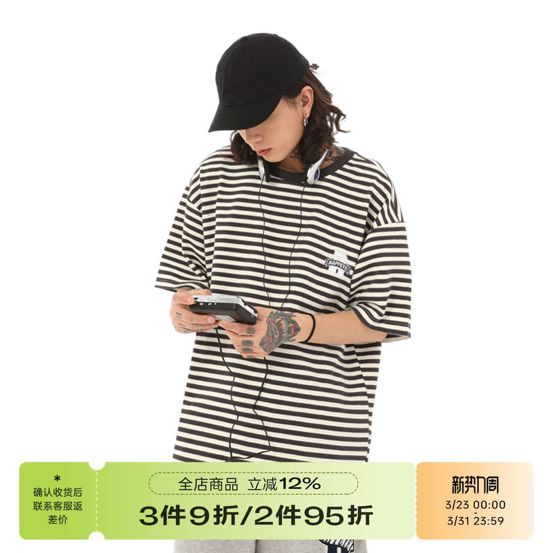 【潮WOO专属】RAPPEYE美式R字条纹短袖夏季宽松国潮男女情侣T恤