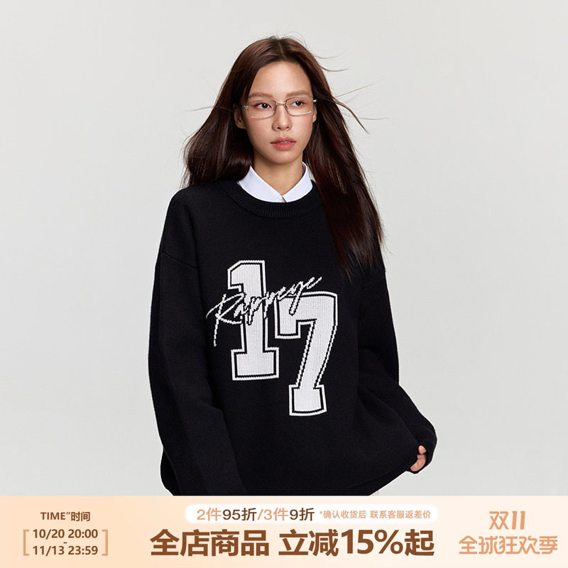 RAPPEYE  复古休闲国潮美式印花宽松情侣圆领套头针织上衣17毛衣