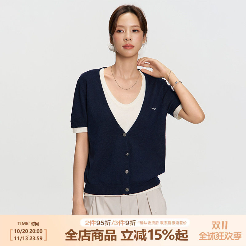 RAPPEYE设计感撞色圆领显瘦开衫拼色百搭上衣假两件针织短袖T恤女