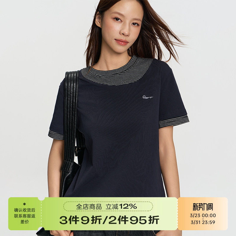RAPPEYE 圆领假两件短袖设计感不规则拼接条纹刺绣宽松正肩T恤女