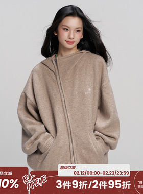 RAPPEYE 高级感百搭宽松慵懒连帽针织开衫上衣重磅斜拉链毛衣外套