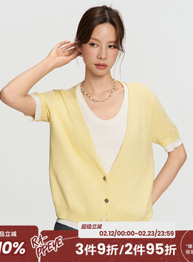 RAPPEYE设计感撞色圆领显瘦开衫拼色百搭上衣假两件针织短袖T恤女