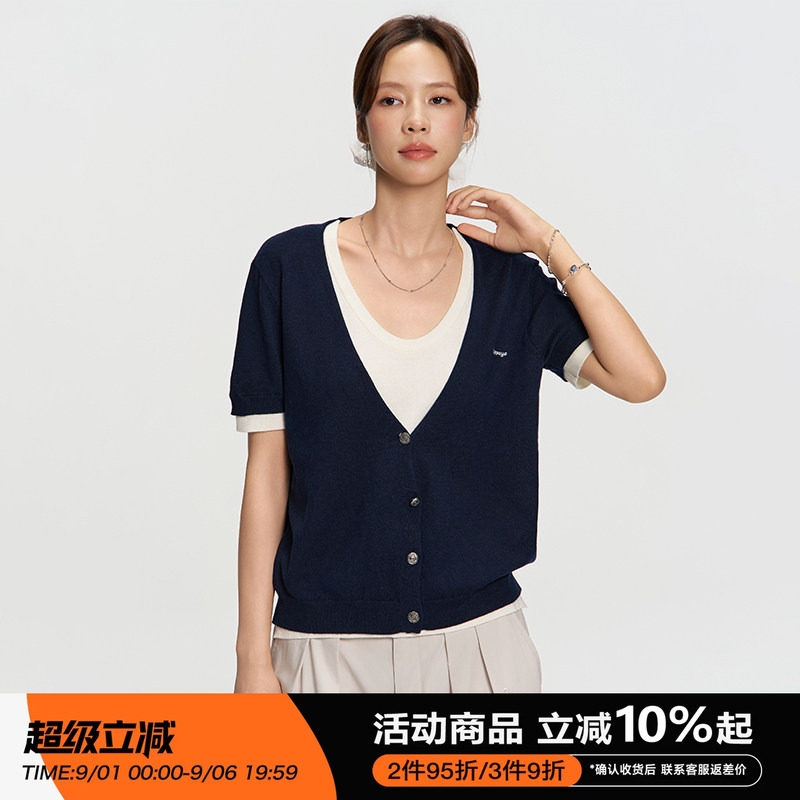 RAPPEYE设计感撞色圆领显瘦开衫拼色百搭上衣假两件针织短袖T恤女图片