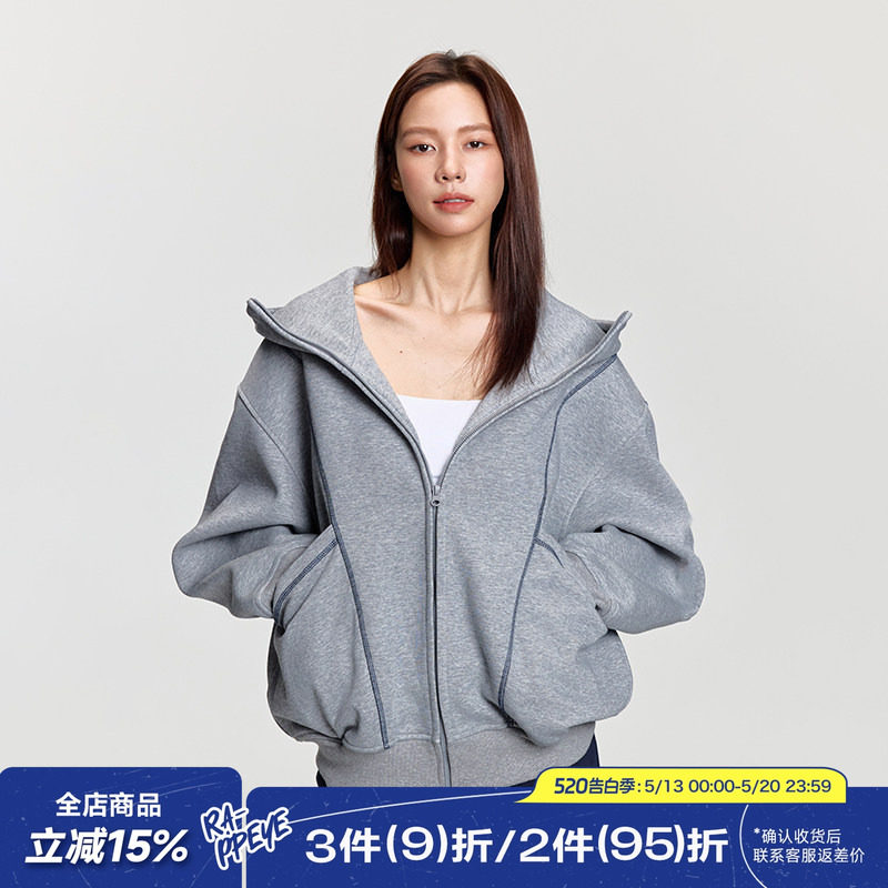 RAPPEYE 潮牌美式重磅500g连帽拉链开衫外套明辑线廓形空气层卫衣