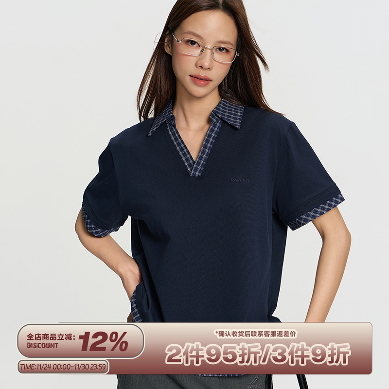 RAPPEYE撞色格纹拼接假两件polo