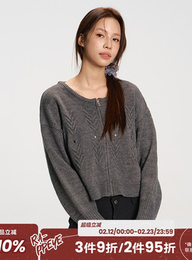 RAPPEYE复古简约提花镂空宽松圆领拉链毛衣羊毛针织箭头开衫外套