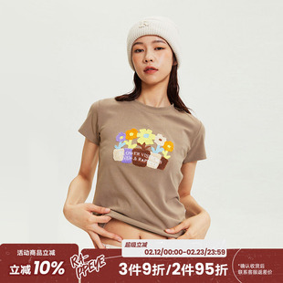 RAPPEYE盆栽绣花圆领短袖t恤女美式复古辣妹修身短款正肩显瘦上衣