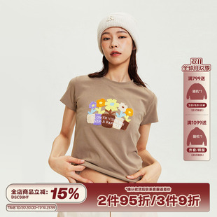 短款 复古辣妹修身 正肩显瘦上衣 t恤女美式 RAPPEYE盆栽绣花圆领短袖