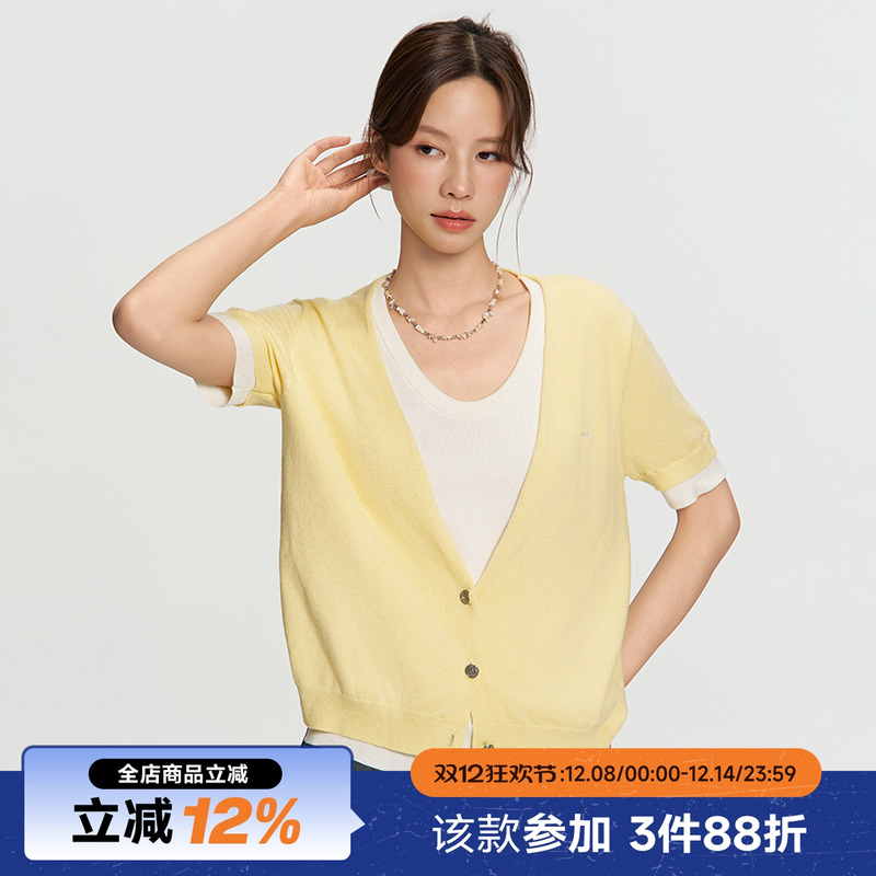 RAPPEYE设计感撞色圆领显瘦开衫拼色百搭上衣假两件针织短袖T恤女