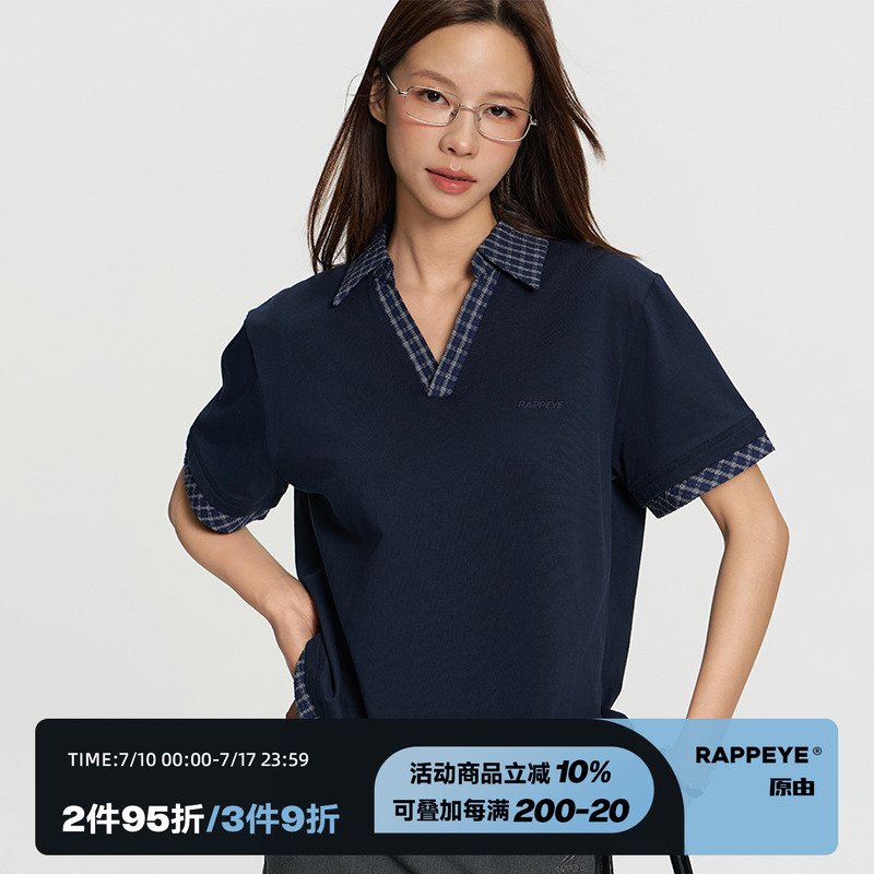 RAPPEYE撞色格紋拼接假兩件polo