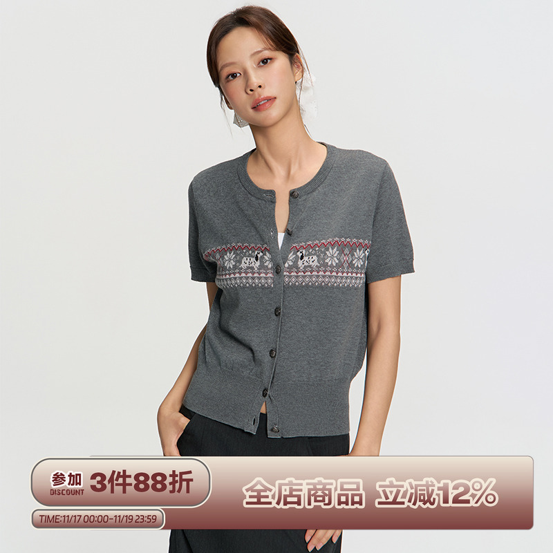 RAPPEYE 文艺复古撞色提花圆领短袖上衣费尔岛早秋薄款针织开衫女