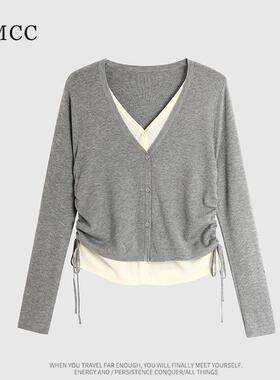 IMCC设计感小众假两件V领抽绳绵羊毛针织开衫女宽松百搭显瘦上衣