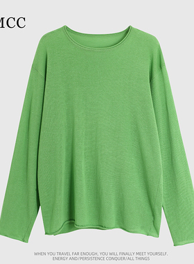 IMCC设计感亚麻冰丝长袖圆领薄款针织衫女宽松显瘦防晒上衣