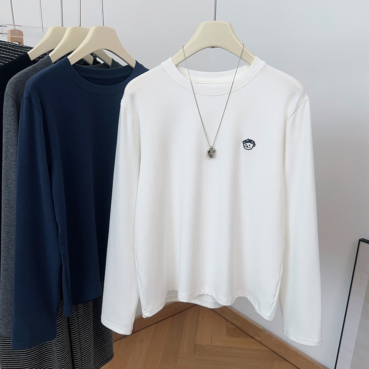 IMCC设计感小熊刺绣圆领长袖磨毛T恤女25秋新宽松百搭打底衫上衣