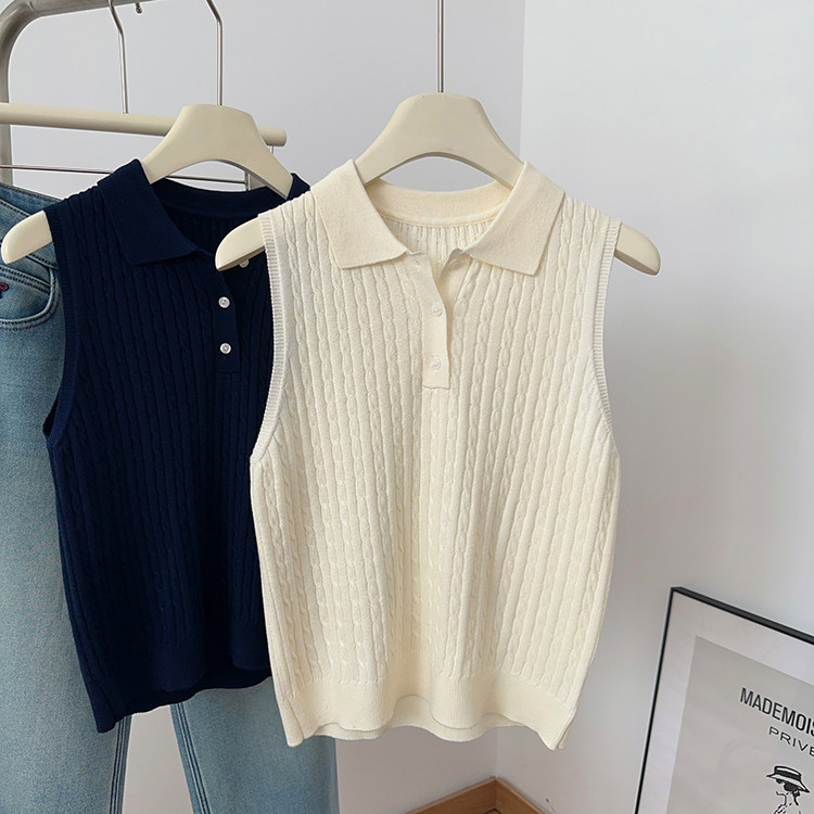 IMCC老钱风polo领无袖麻花针织背心女修身显瘦羊毛针织衫叠穿上衣