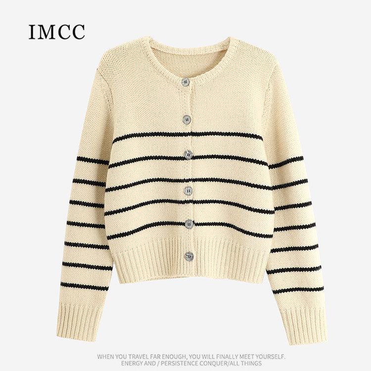 IMCC设计感小众韩系粗针条纹长袖短款开衫女宽松厚实外套上衣ins,女装/女士精品,毛针织衫,淘宝优惠券,粉丝福利购,淘宝优惠卷