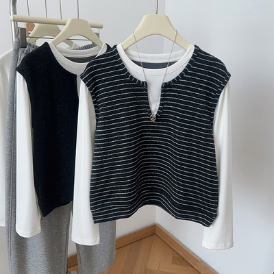 V领条纹磨毛针织衫女假两件上衣