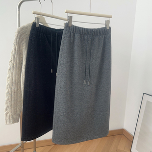 IMCC好搭配~深灰色抽绳开叉加绒半身裙冬高腰中长款直筒加厚裙子