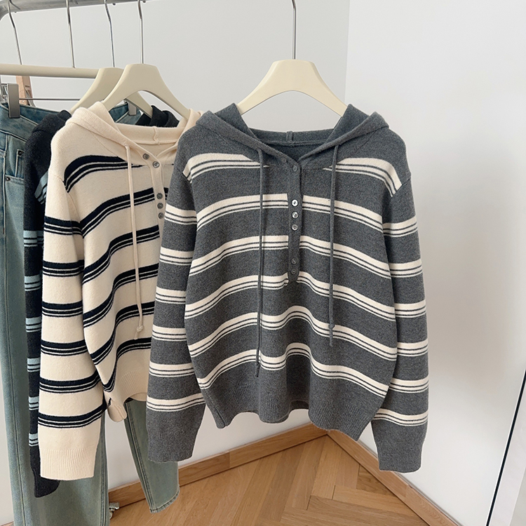 半襟连帽条纹毛衣女宽松显瘦